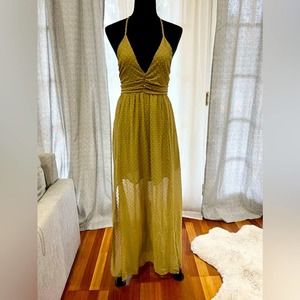 Anthropologie Gold Double Slit Maxi Dress
